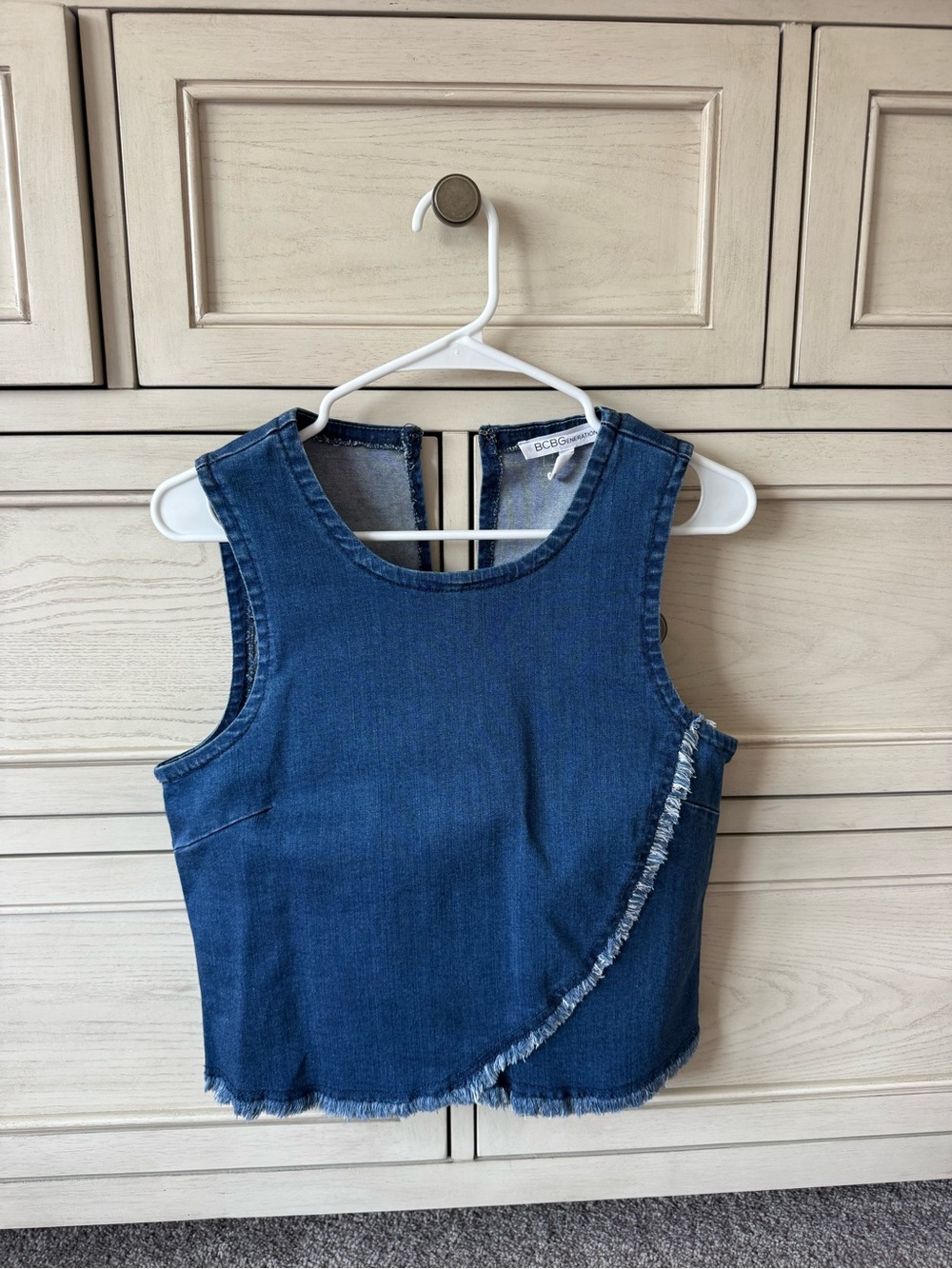 BCBG Dark Blue Denim Fringed Asymmetrical Top